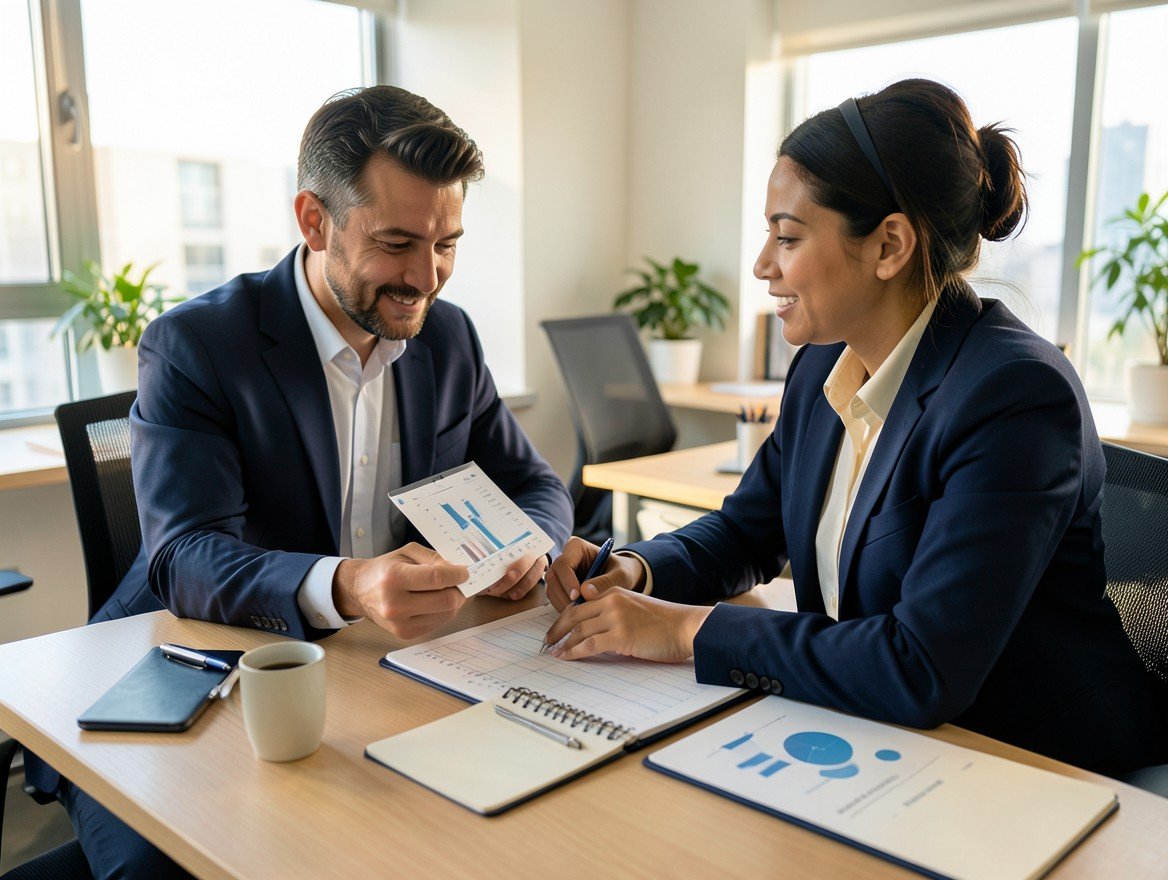 Consultora financiera y empresaria revisando información presupuestal